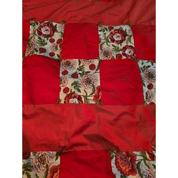 Vintage Handmade Red Cottagecore Patchwork Floral Quilted Throw Blanket - Picture 5 of 13